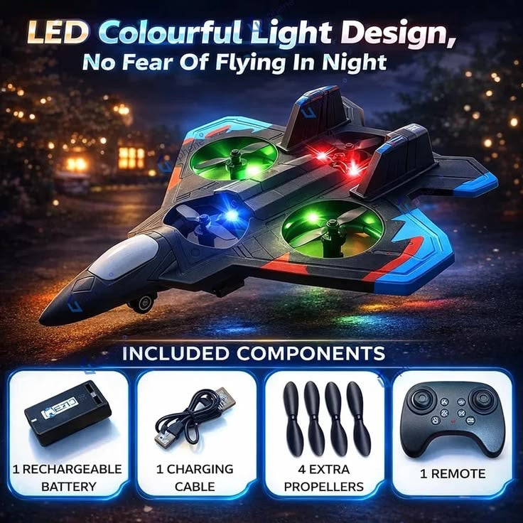 LED Colorful Light RC Fighter Jet Drone - Night Flying Quadcopter To